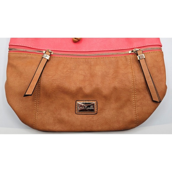 Simply Noelle Two Tone Coral Tan Faux Leather Drawstring Bucket Bag‎ Purse - Picture 2 of 7